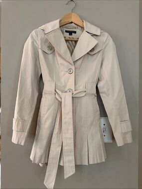 Via Spiga Cream Trench Coat Petite XS Hooded Pleated Belted